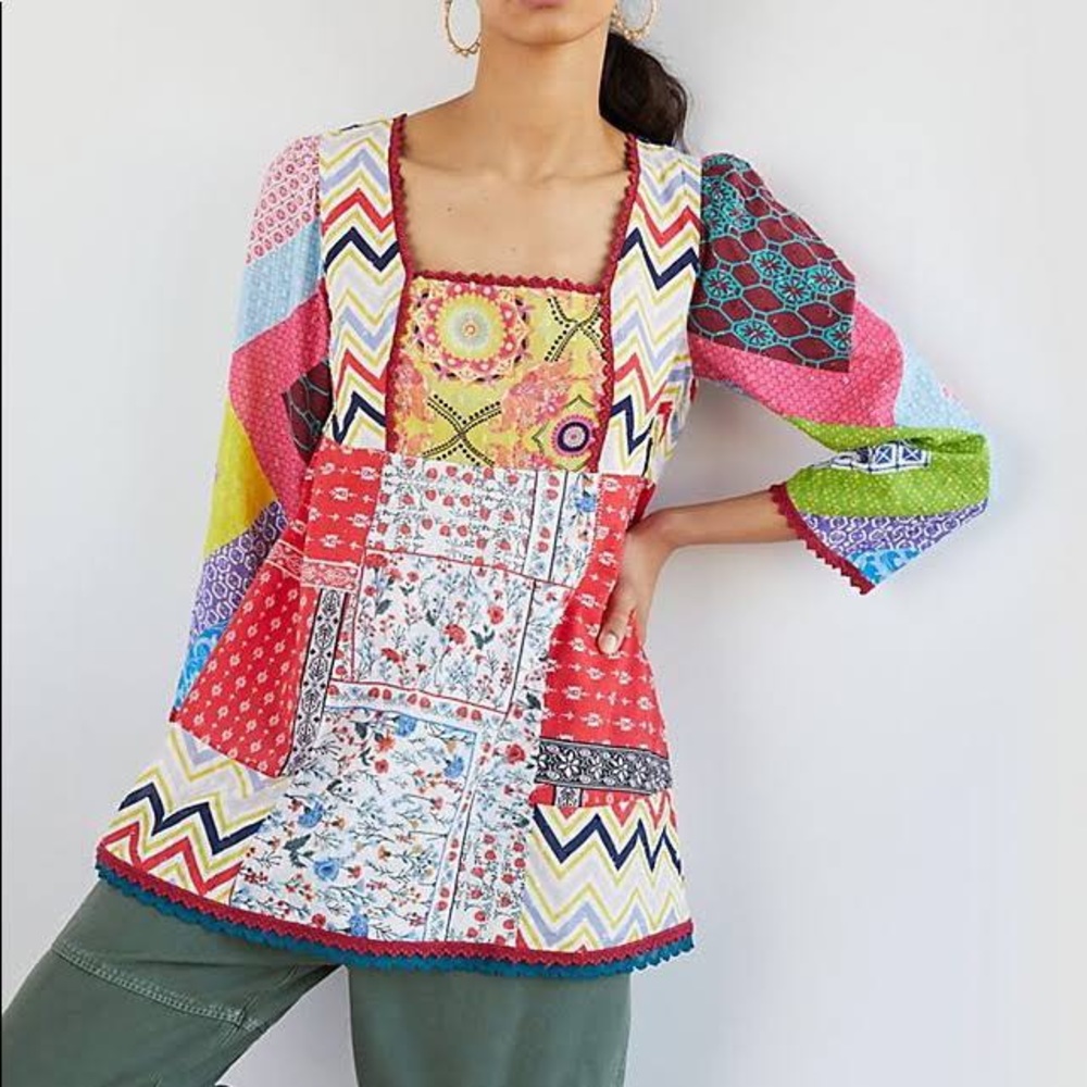Anthropologie Multicolor Patchwork Square-Neck Tunic